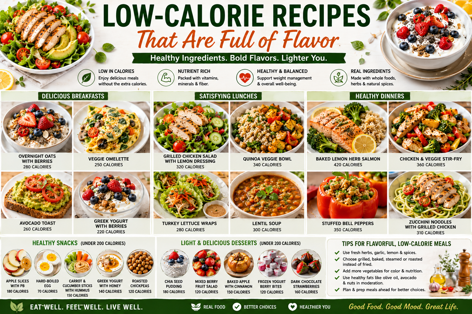 Low-calorie meals with grilled chicken salad, baked salmon, quinoa bowl, yogurt, fruit, and fresh vegetables.