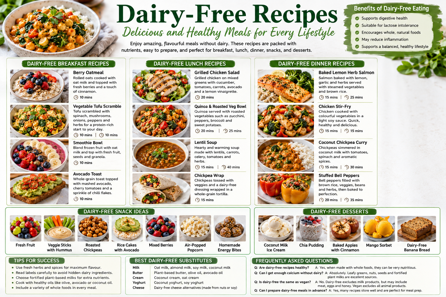 Dairy-free meals with grilled chicken, salmon, quinoa, tofu scramble, smoothie bowl, fruit, and coconut desserts.