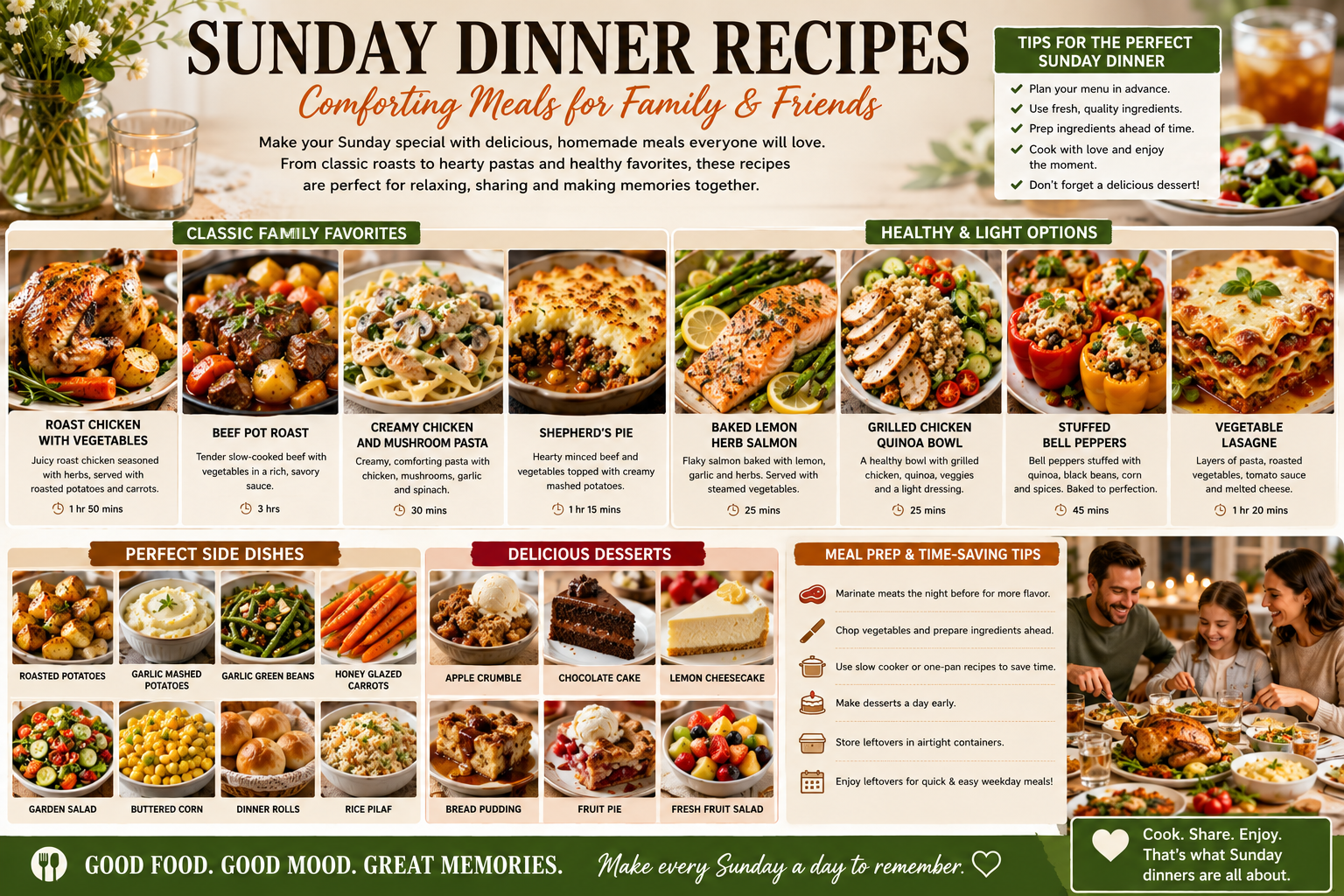 Sunday dinner table with roast chicken, beef roast, salmon, mashed potatoes, vegetables, and homemade desserts.
