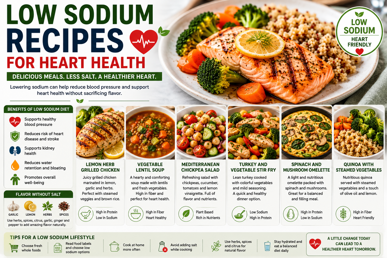 SEO-friendly featured image showing low sodium heart-healthy recipes including grilled salmon, lemon herb chicken, lentil soup, chickpea salad, vegetable stir-fry, quinoa, and fresh vegetables.