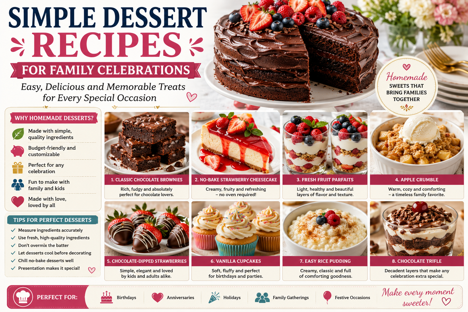 SEO-friendly featured image showcasing a variety of homemade desserts including chocolate cake, brownies, strawberry cheesecake, fruit parfaits, apple crumble, cupcakes, rice pudding, chocolate trifle, and chocolate-dipped strawberries for family celebrations.