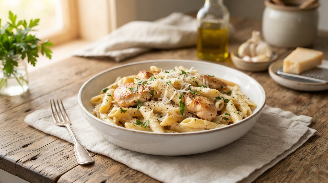 A bowl of homemade one-pot creamy chicken pasta with golden pan-seared chicken, penne pasta in a rich garlic Parmesan cream sauce, topped with fresh parsley and grated Parmesan on a rustic wooden table.