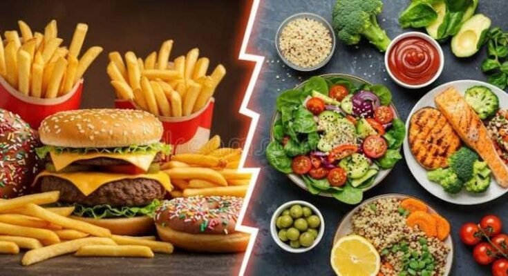 Healthy food and fast food comparison featuring burgers, fries, donuts, fresh salad, grilled salmon, vegetables, and whole grains.