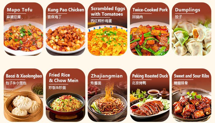 A variety of popular Chinese dishes including fried rice, chow mein, dumplings, Kung Pao chicken, spring rolls, and beef with broccoli.